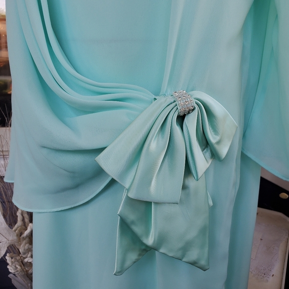 Vintage 70's After Dark Mint Green 2 Layered Chiffon Drape Bow Formal Dress - Picture 7 of 10